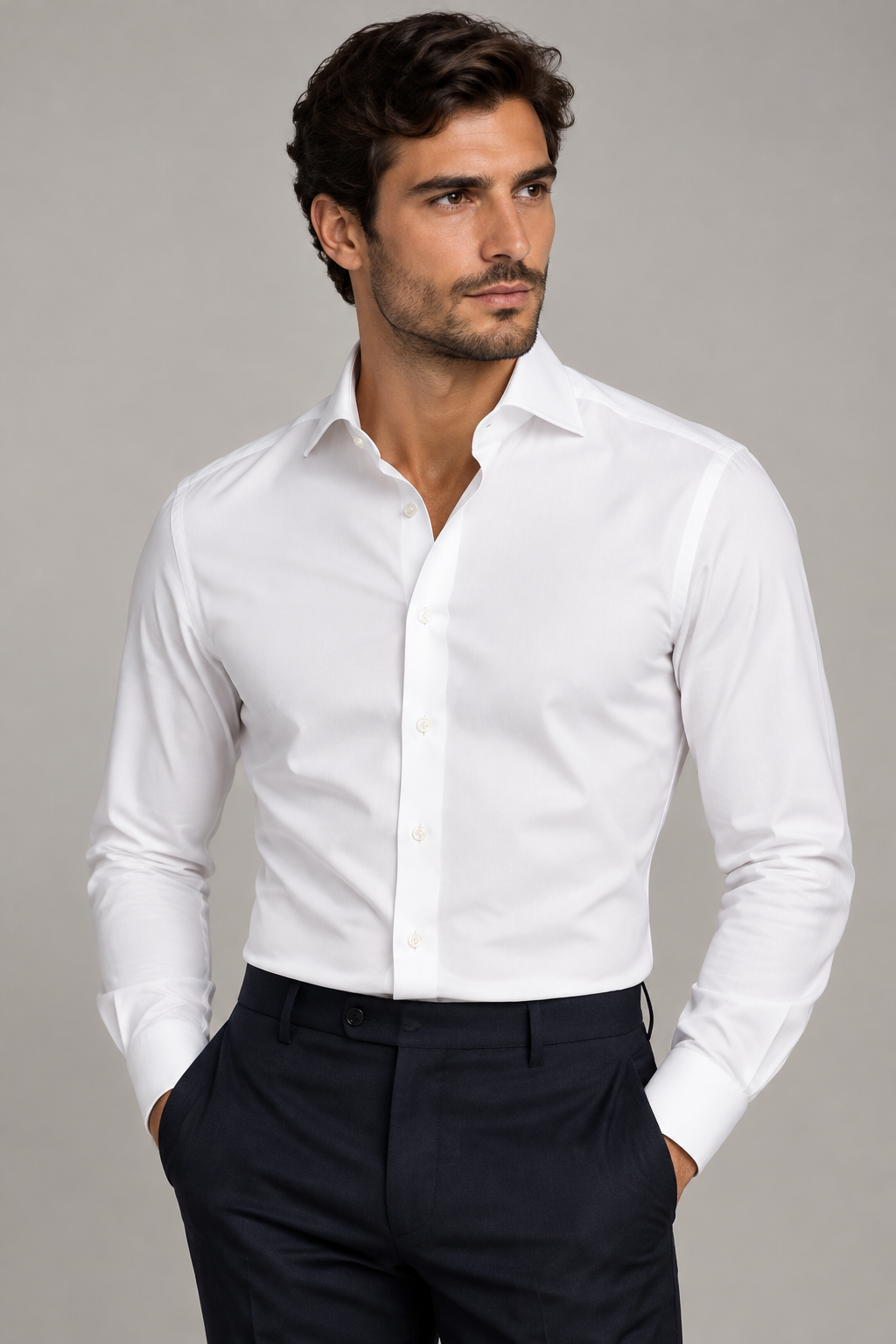 Camicia uomo Barba collo francese e polsini con bottoni bianca. Vista fronte