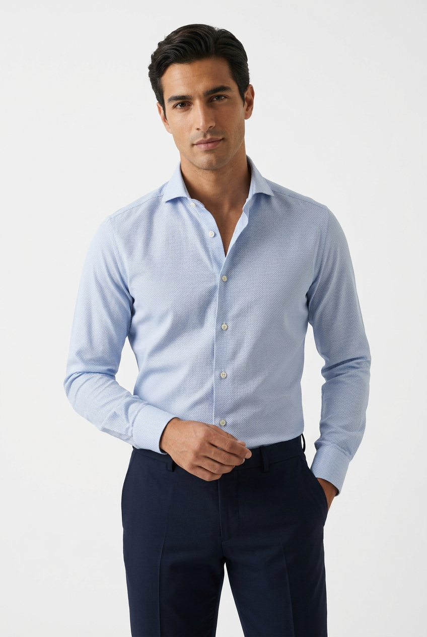 La camicia uomo Barba celeste dobby micro armatura vintage propone un’alternativa discreta alla tinta unita. Indossata modello fronte.