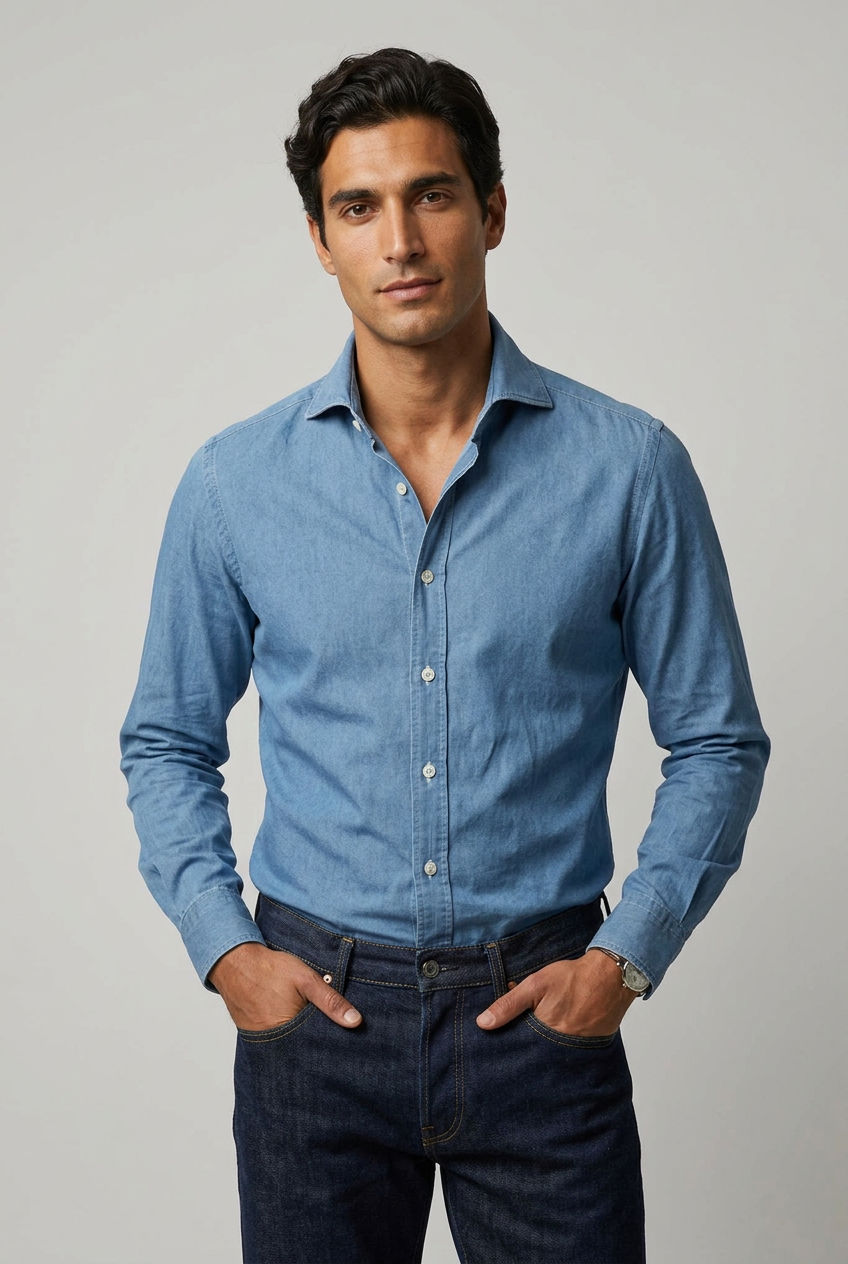 La camicia da uomo Barba Napoli Dandylife abbina il denim vintage alle cuciture bianche a contrasto, per un look casual dal carattere deciso. Realizzata in 100% cotone con vestibilità classica, presenta collo francese, maniche lunghe e polsini con bottoni. Indossata da modello.