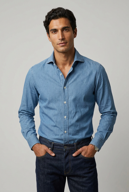 La camicia da uomo Barba Napoli Dandylife abbina il denim vintage alle cuciture bianche a contrasto, per un look casual dal carattere deciso. Realizzata in 100% cotone con vestibilità classica, presenta collo francese, maniche lunghe e polsini con bottoni. Indossata da modello.