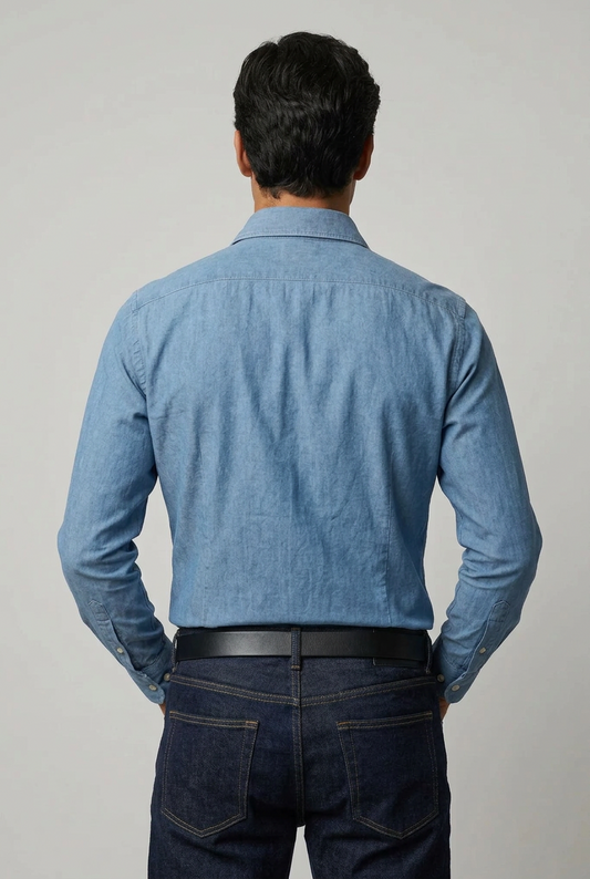La camicia da uomo Barba Napoli Dandylife abbina il denim vintage alle cuciture bianche a contrasto, per un look casual dal carattere deciso. Realizzata in 100% cotone con vestibilità classica, presenta collo francese, maniche lunghe e polsini con bottoni. Indossata da modello retro.