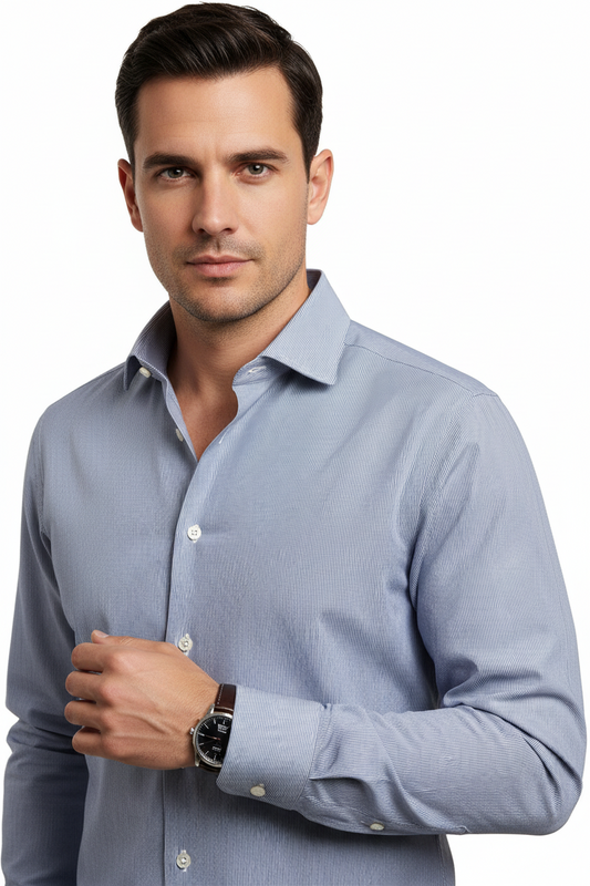 Camicia uomo Barba fantasia millerighe collo francese bianco denim