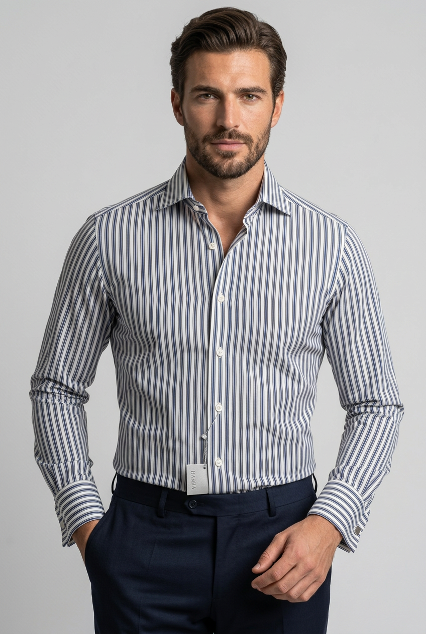 La camicia da uomo Barba Napoli C097 unisce il motivo a righe ai toni del blu e del grigio, per un look curato da abbinare a capi a tinta unita. Realizzata in 100% cotone, presenta collo francese, maniche lunghe e polsini con bottoni. Indossata da modello.