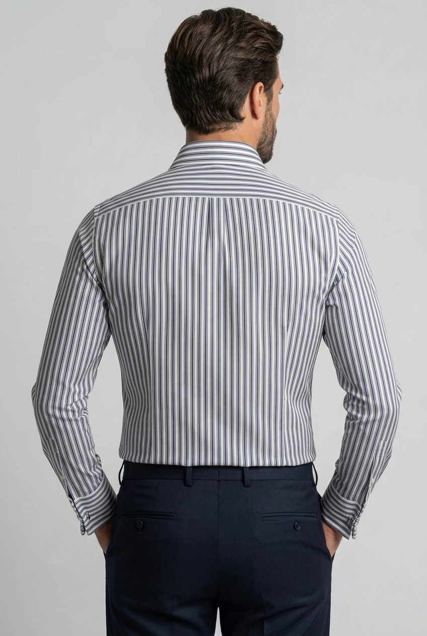 La camicia da uomo Barba Napoli C097 unisce il motivo a righe ai toni del blu e del grigio, per un look curato da abbinare a capi a tinta unita. Realizzata in 100% cotone, presenta collo francese, maniche lunghe e polsini con bottoni. Indossata da modello Retro