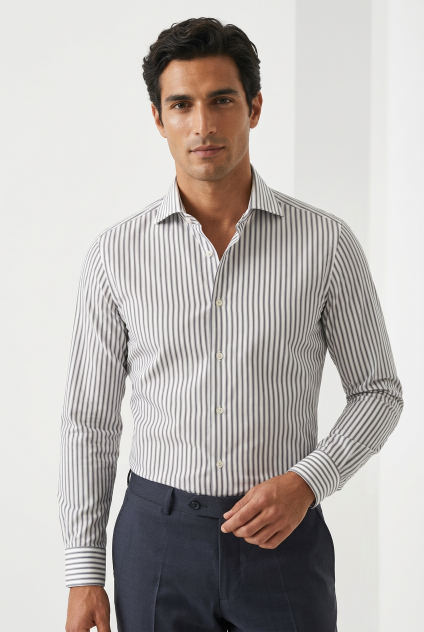 La camicia da uomo Barba Napoli a righe bengala bianche, blu e grigie è una scelta per chi ama un look curato senza rinunciare alla personalità. Indossata da modello fronte.