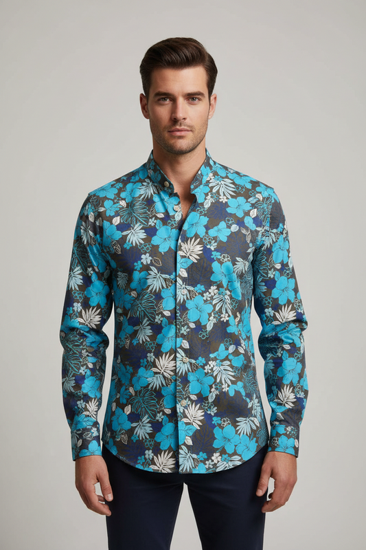 Camicia uomo Borriello fiori coreana blu Inossata