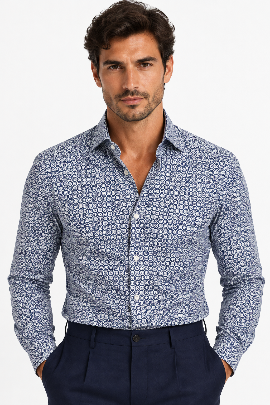 Camicia uomo Borriello microfantasia Bianco blu navy piegata indossata fronte