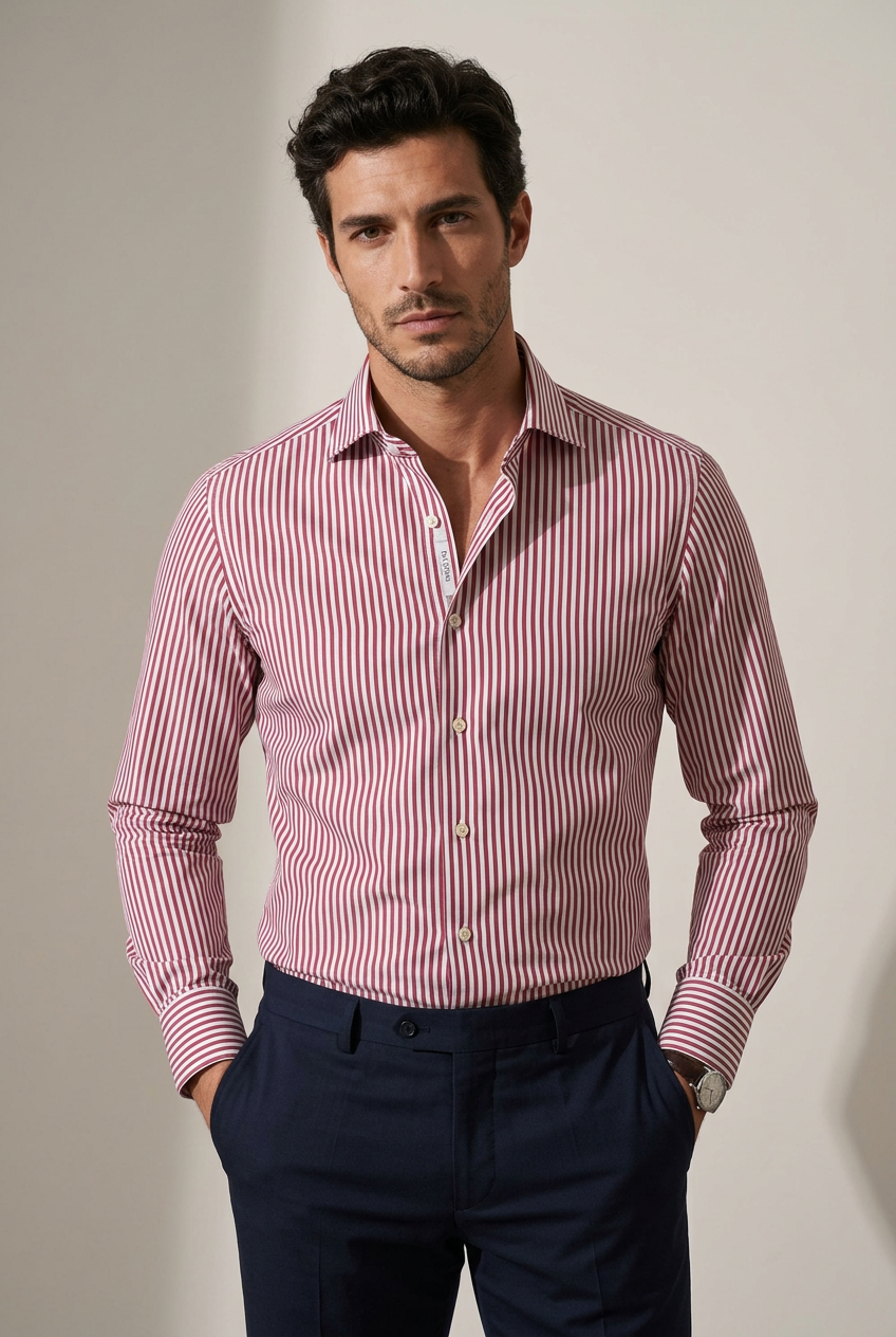 La camicia da uomo Del Siena combina il bianco con righe rosse e micro righe blu, per un motivo a bacchette che aggiunge colore al guardaroba. Realizzata in 100% cotone con vestibilità classica, presenta collo francese, maniche lunghe e polsini con bottoni. Indossato da modello