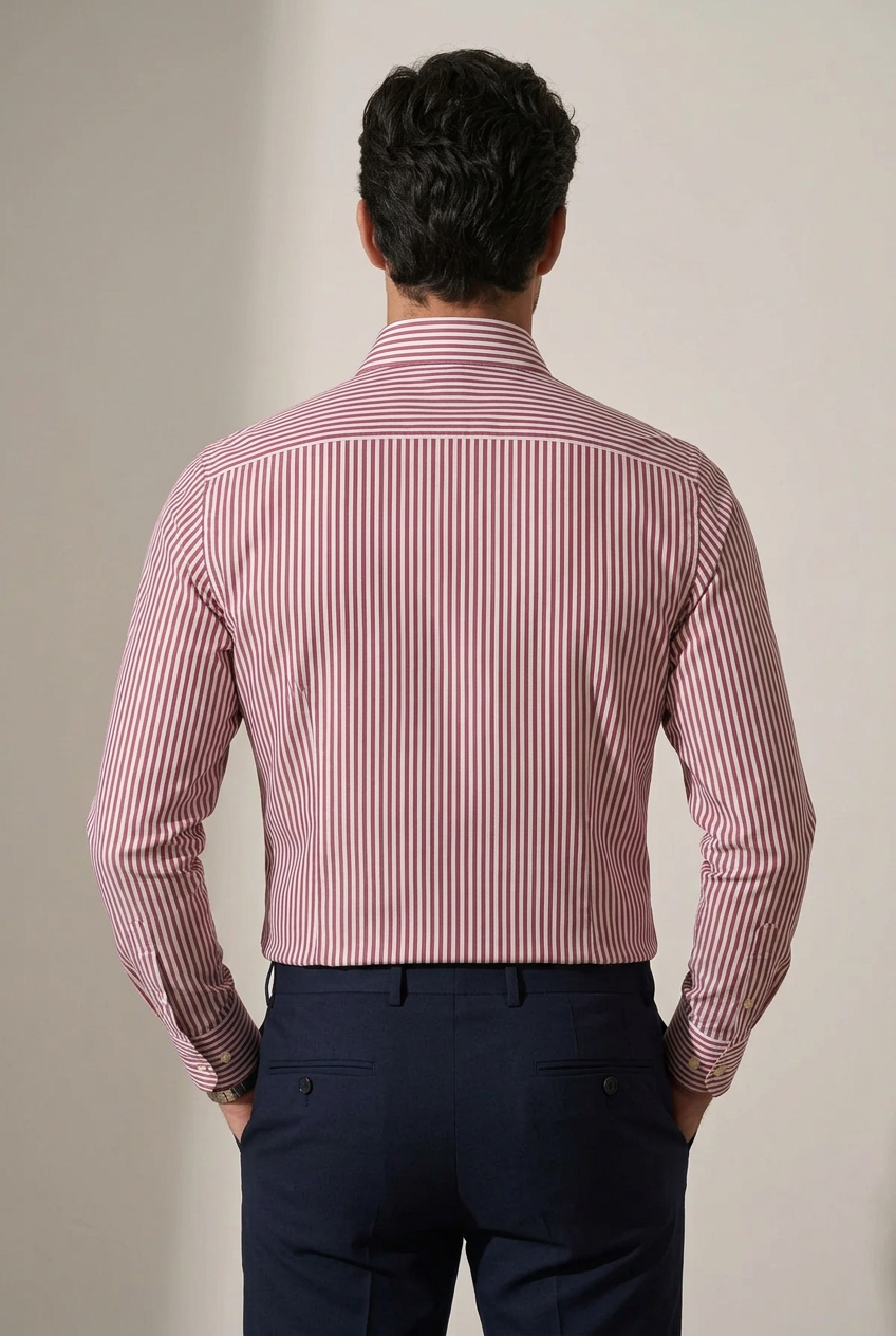 La camicia da uomo Del Siena combina il bianco con righe rosse e micro righe blu, per un motivo a bacchette che aggiunge colore al guardaroba. Realizzata in 100% cotone con vestibilità classica, presenta collo francese, maniche lunghe e polsini con bottoni. Indossato da modello retro.