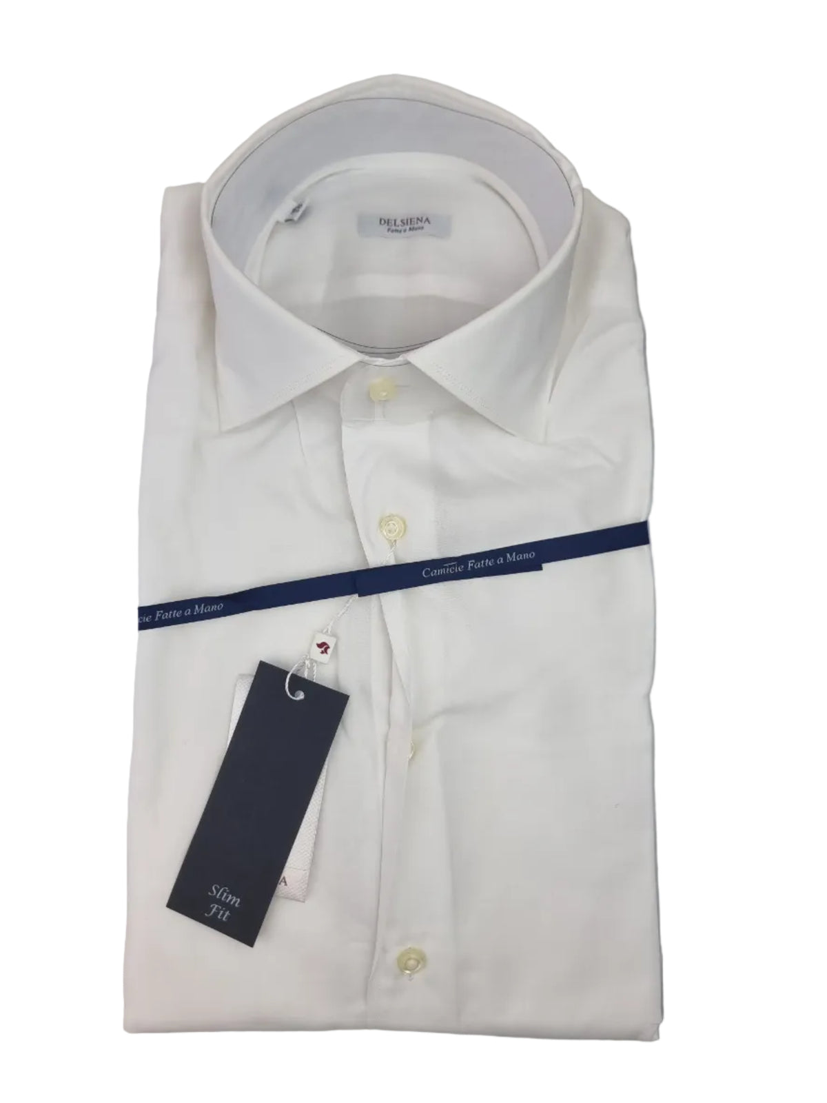 La camicia uomo Del Siena FQ64 bianca slim fit è una base essenziale per un guardaroba curato. Realizzata in 100% cotone, vista piegata