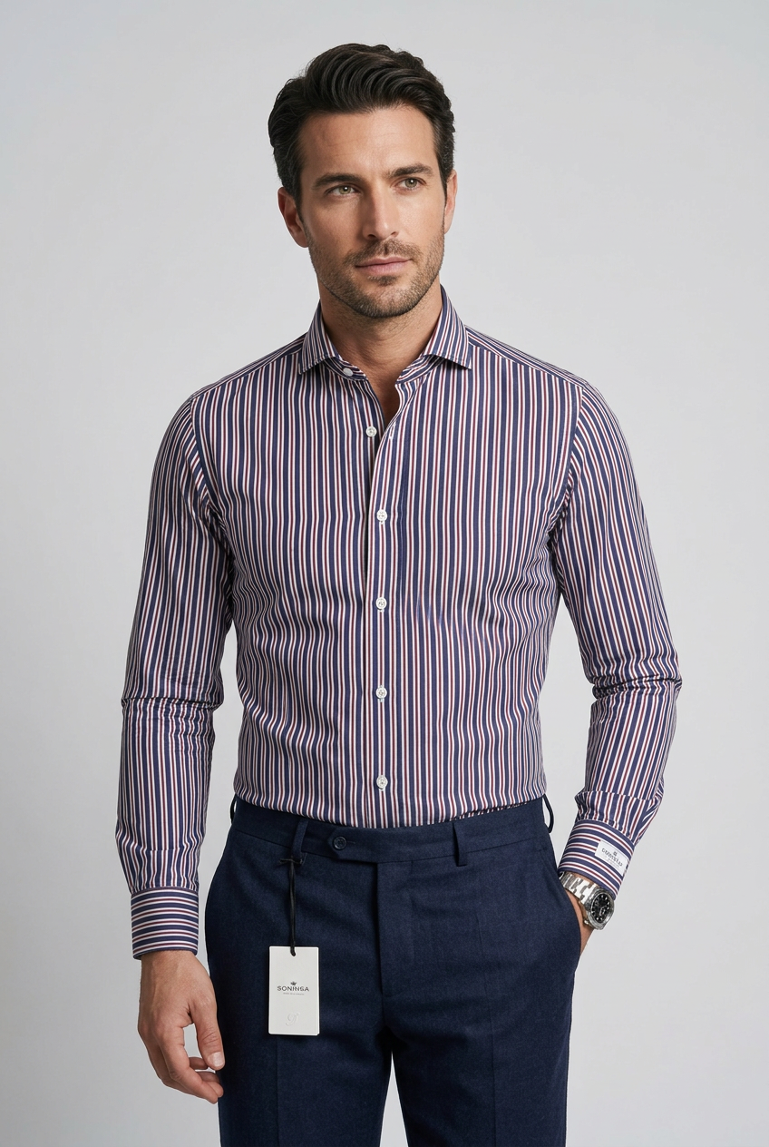 La camicia da uomo Sonrisa B878 combina righe blu, rosse e bianche in un disegno che aggiunge colore al guardaroba senza rinunciare a un look curato. Realizzata in 100% cotone, della linea Fior di Cotone e Made in Italy, presenta vestibilità classica, collo francese e polsini con bottoni. Indossa modello.