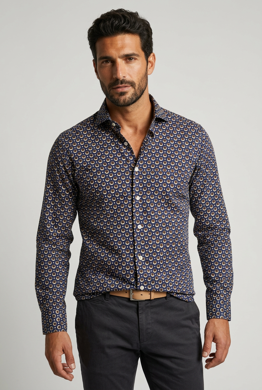 La camicia da uomo Sonrisa B878 combina il blu con dettagli di fantasia nei toni del marrone e del beige. Realizzata in 100% cotone, indicato come fior di cotone, presenta vestibilità classica, collo francese e polsini con bottoni: una proposta per dare personalità a un look curato. Vista fronte indossata.