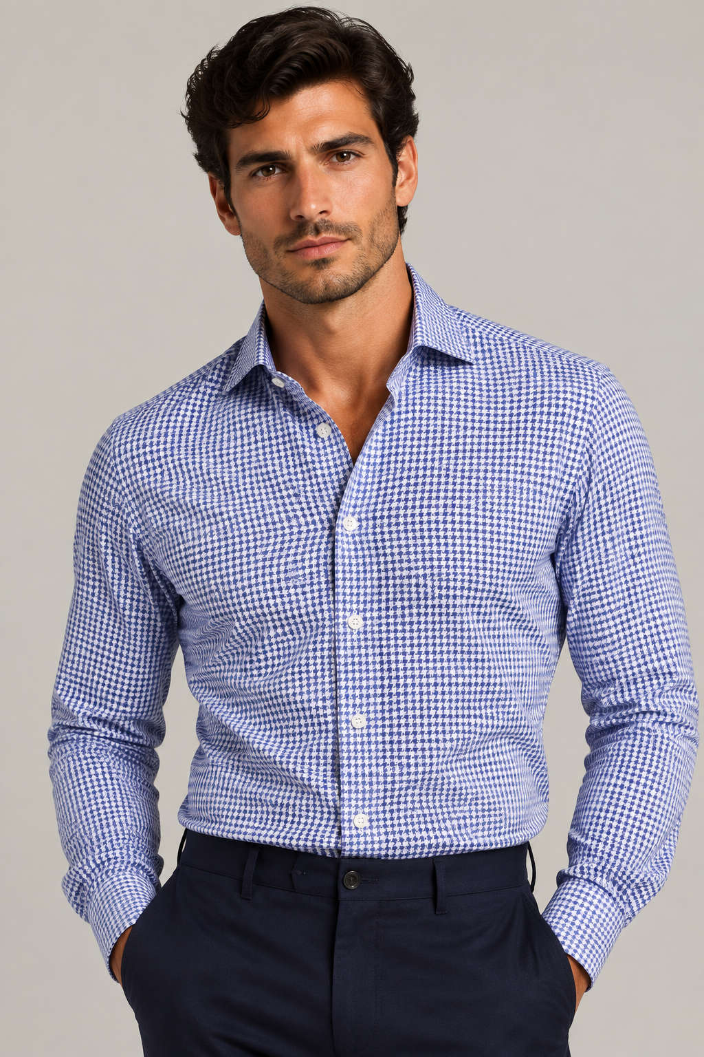 Camicia uomo Sonrisa fantasia pied de poule bianca blu made in Italy indossata