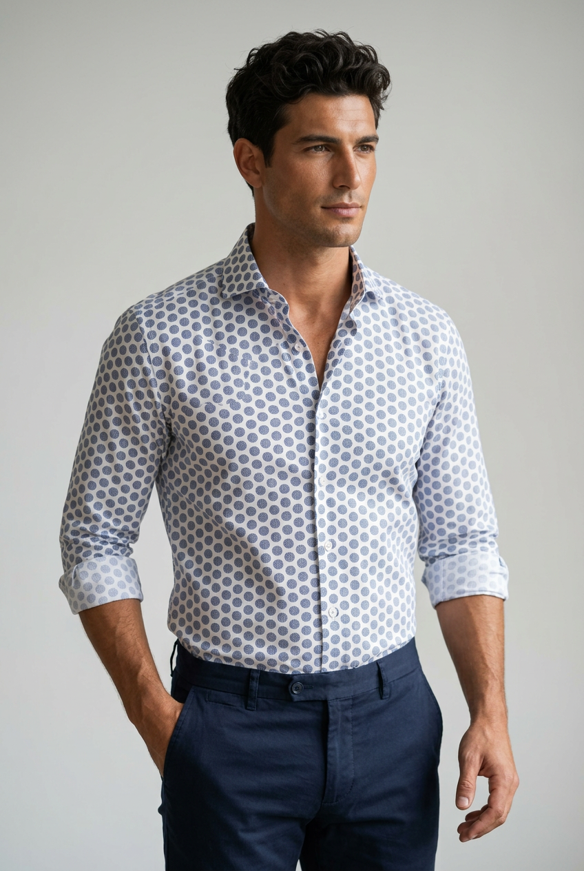 Camicia Sonrisa bianca con pois geometrici blu.
La camicia da uomo Sonrisa Superior arricchisce la base bianca con una fantasia di pois geometrici blu, per chi cerca un dettaglio distintivo negli abbinamenti quotidiani. indossata da modello fronte.