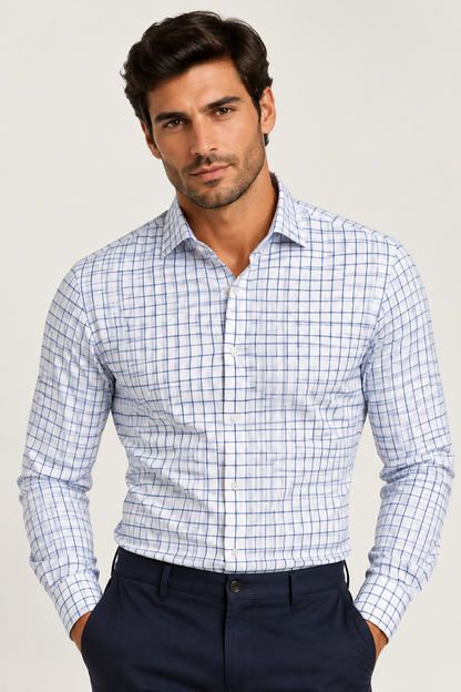 Camicia Sonrisa Bianco quadri blu e celesti indossata fior di cotone