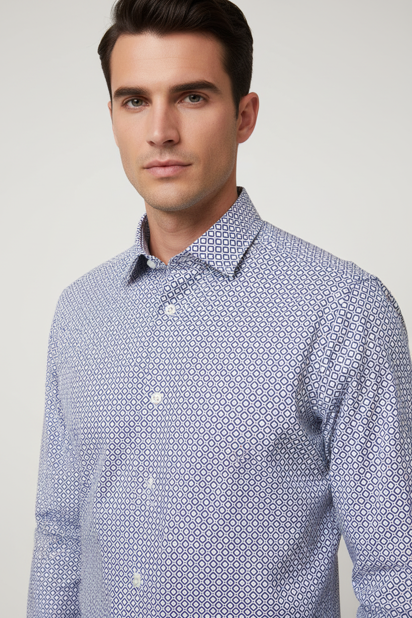 Camicia uomo Bagutta - Collo francese Fantasia geometrica Colore bianco/blu/rosso - Slim