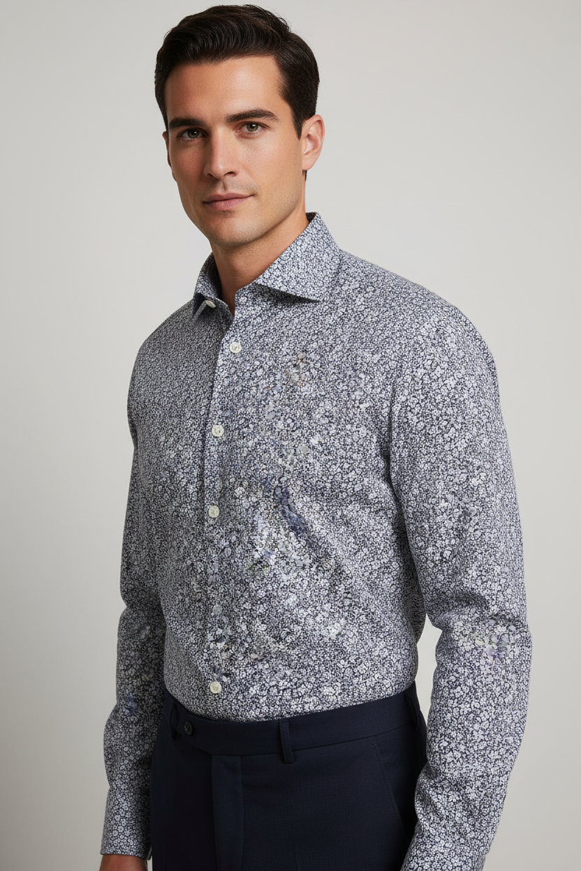 Borriello Men's Shirt - Flowers - Blue/White