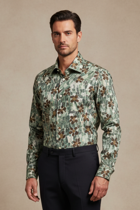 Camicia uomo Borriello fantasia fiori. Indossata