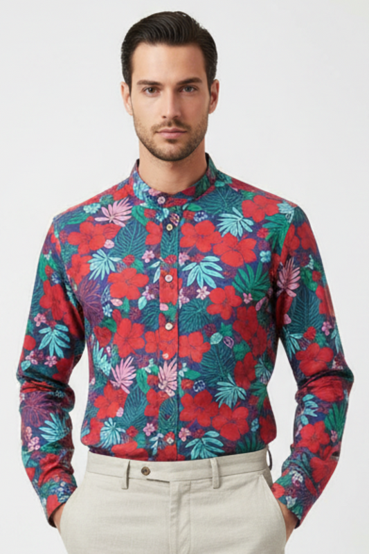 Camicia Uomo Borriello Fiori Collo Coreano Eleganza Napoletana Contemporanea. 1