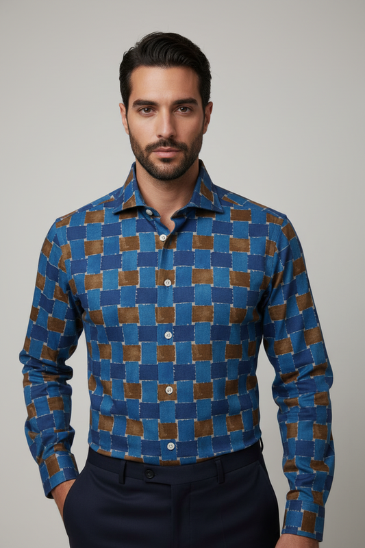 Camicia uomo Borriello fantasia quadri blu marrone