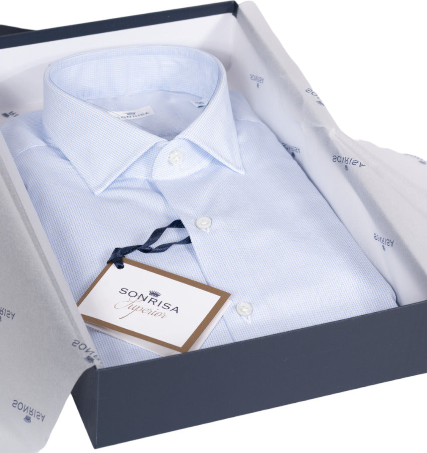 Camicia uomo Sonrisa -  Fantasia mini quadri - collo francese - colore bianco/azzurro