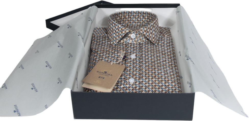 Sonrisa Men's Shirt - Pattern - French Collar - Brown/Light Blue/Beige