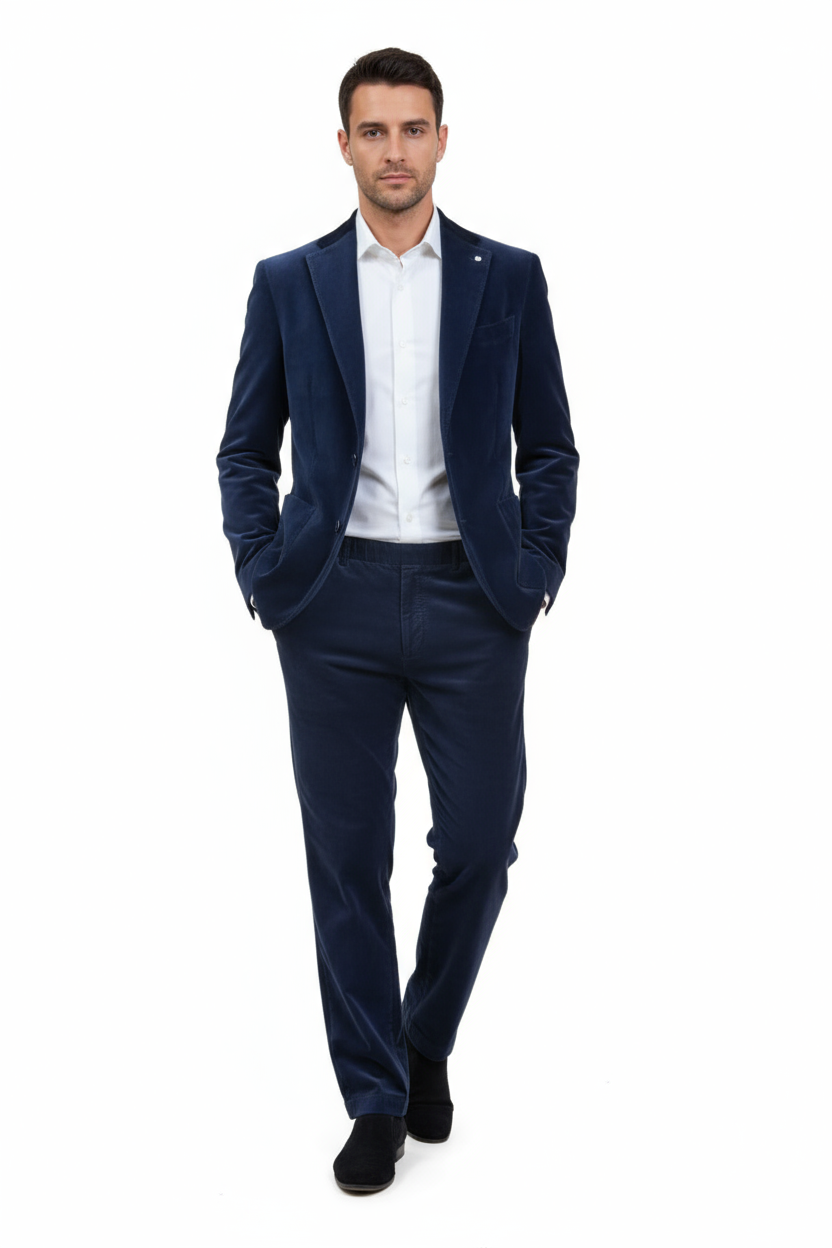 Completo in velluto blu a figura intera indossato da modello