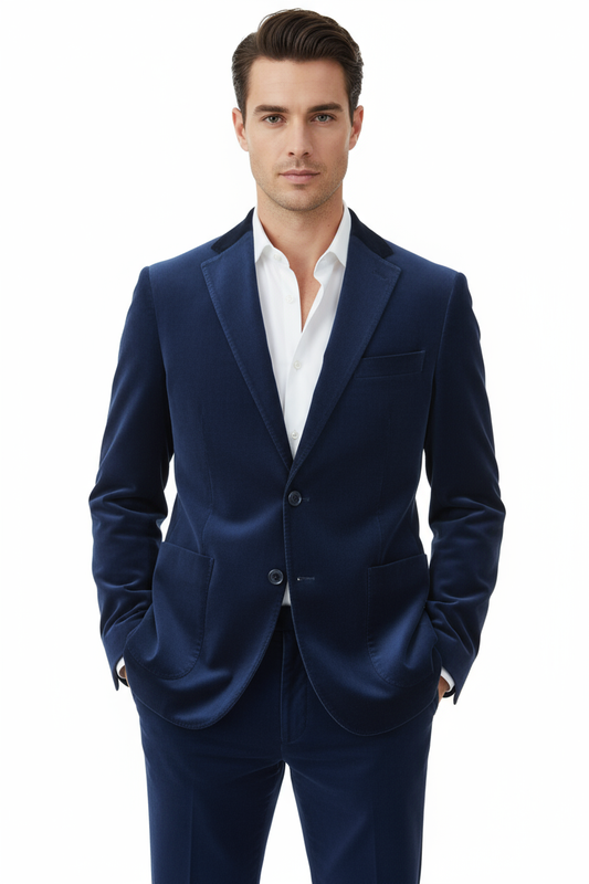 Completo in velluto blu indossato da modello su sfondo bianco