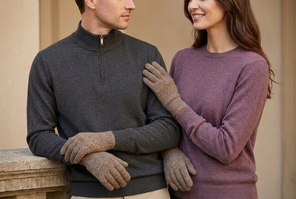 Correzione colore guanti con maglie grigia e prugna