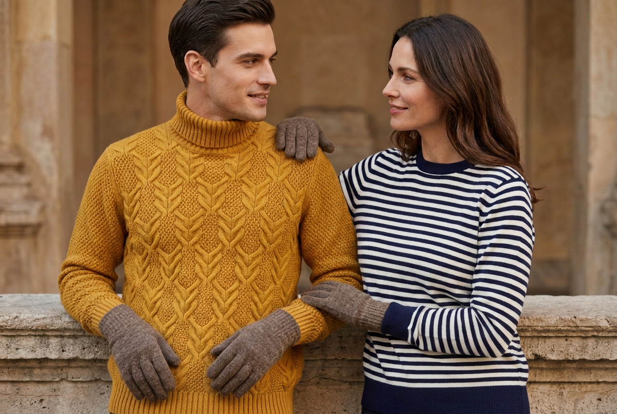 Correzione colore guanti con maglie senape e a righe