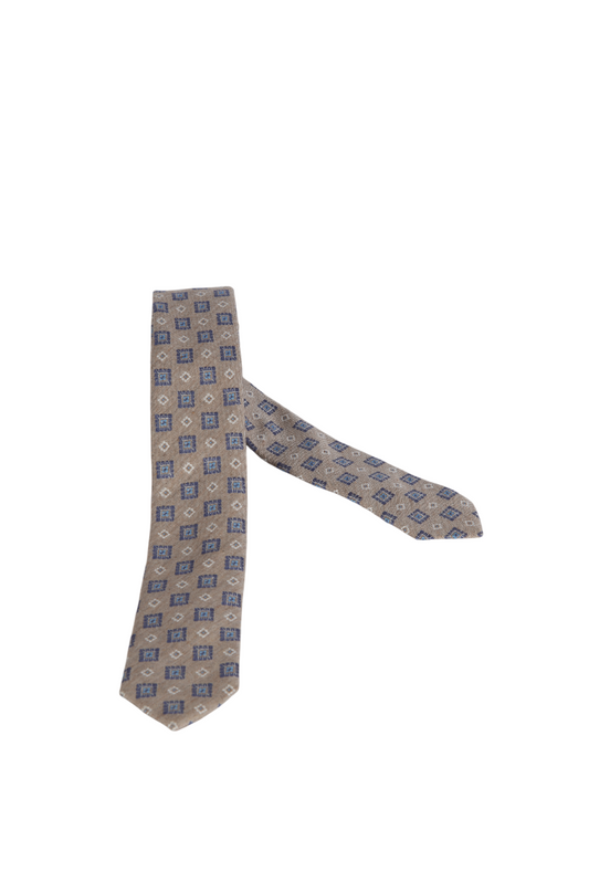 Cravatta uomo Cantarelli stretta 5 cm fantasia quadri blu e avorio su fondo beige, vista intera