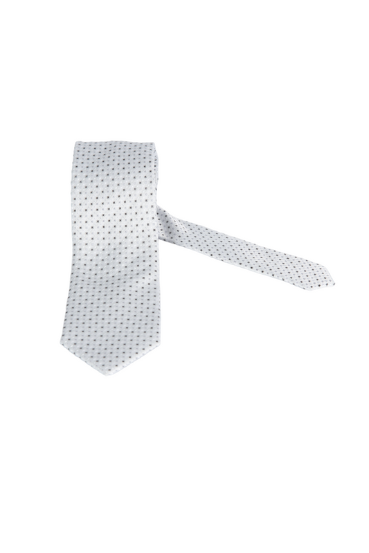 Cravatta uomo Couture a pois micro grigio su fondo bianco, vista intera