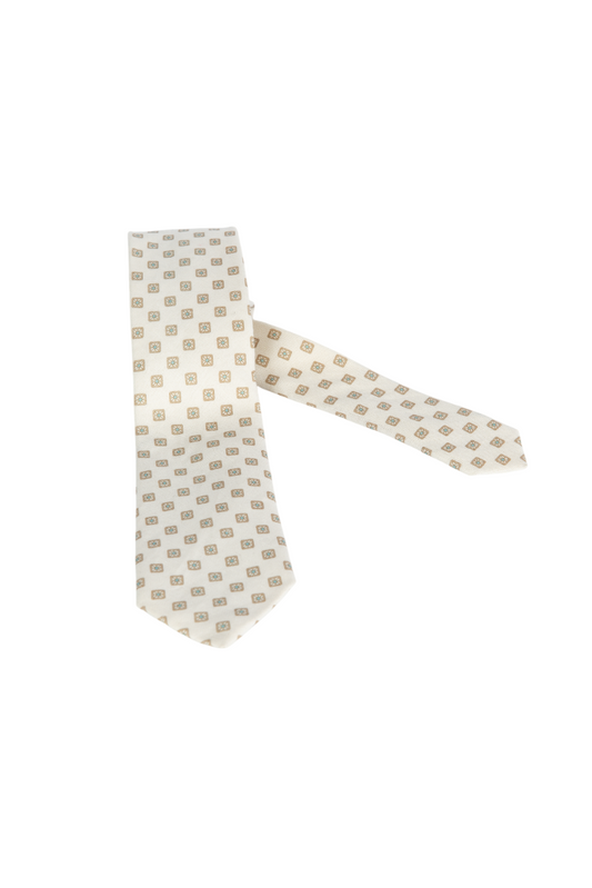Cravatta uomo Montezemolo fantasia geometrica beige e grigio. Vista intera