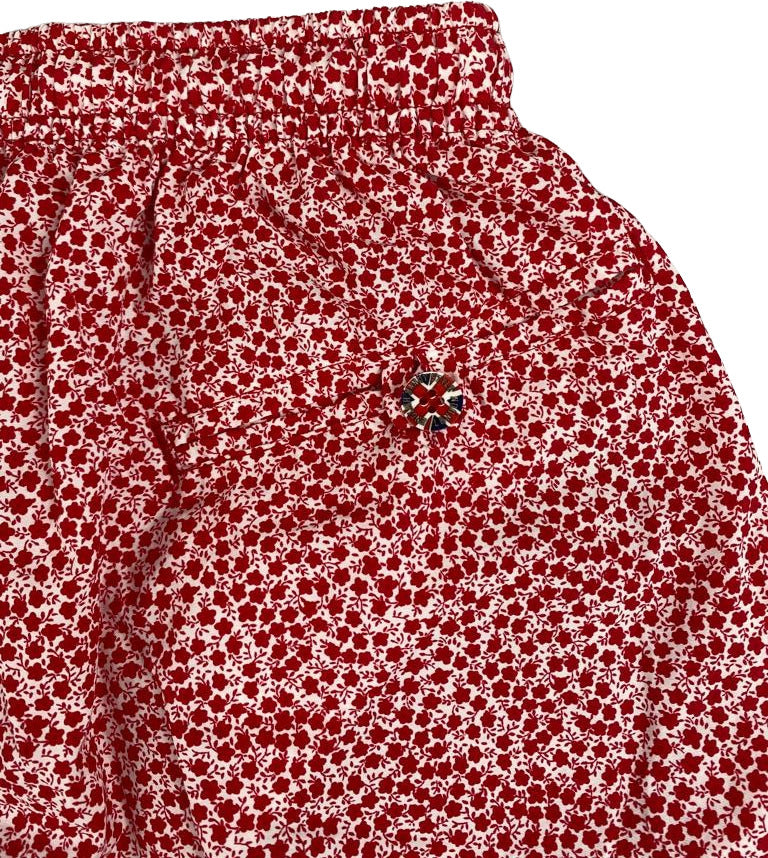 Boxer mare uomo Dandy Style con fantasia fiorellini bianco e rosso, ideali per nuoto e attività all'aperto.