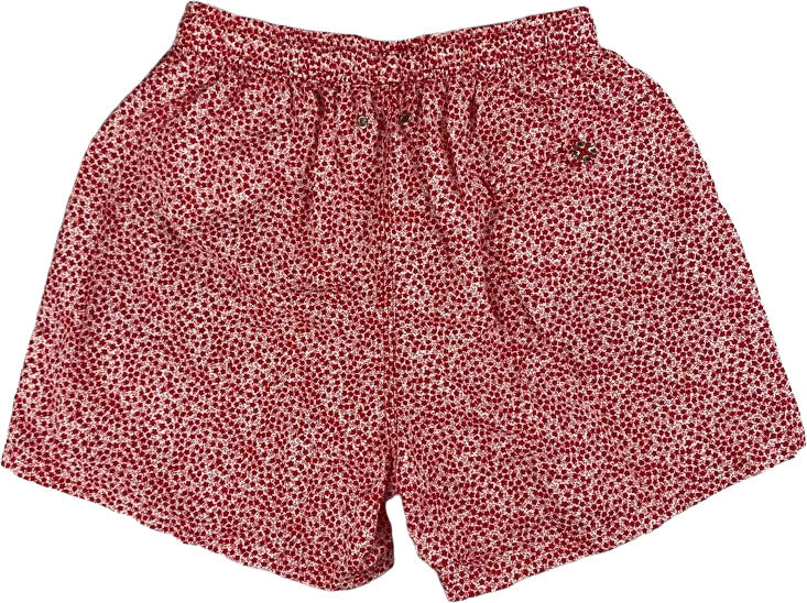 Boxer mare uomo Dandy Style con fantasia fiorellini bianco e rosso, ideali per sport acquatici e tempo libero.