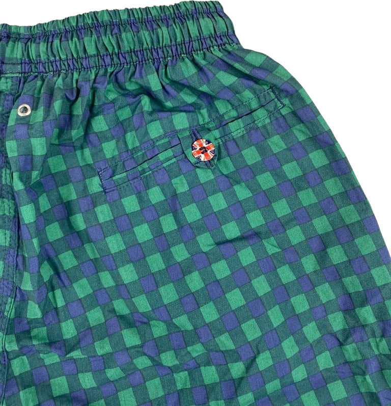 Boxer mare uomo Dandy Style con fantasia quadri verde e blu, realizzato in Italia, ideale per attività acquatiche e tempo libero.