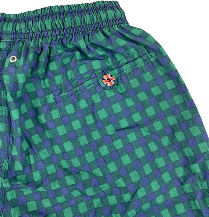 Boxer mare uomo Dandy Style con fantasia quadri verde e blu, realizzato in Italia, ideale per attività acquatiche e tempo libero.