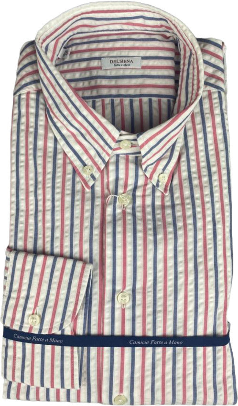 Camicia uomo Delsiena 1953 a righe bianco, blu e rosa, stile casual, tessuto leggero e comodo.