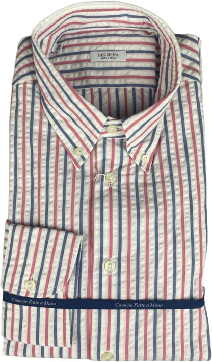 Camicia uomo Delsiena 1953 a righe bianco, blu e rosa, stile casual, tessuto leggero e comodo.