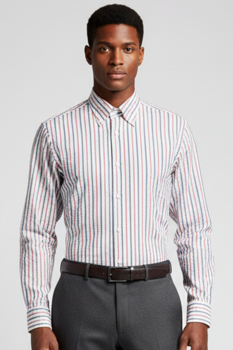 Camicia uomo Del Siena in fantasia righe bianco, blu e rosa, casual, marca Delsiena 1953, tessuto morbido e confortevole.