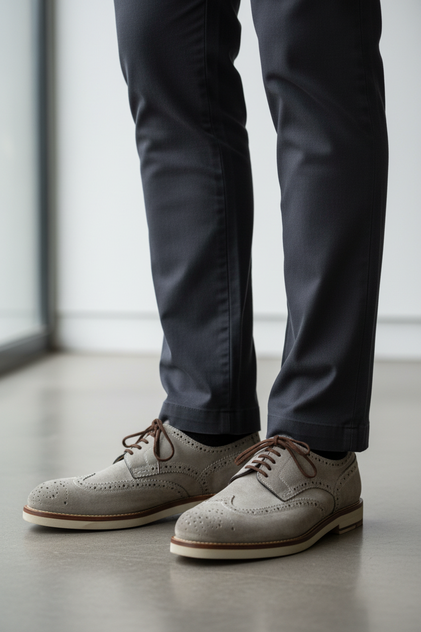 Derby brogue grigie indossate