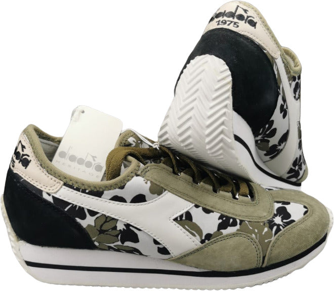 Sneaker donna Diadora Heritage Equipe HH Socks Flower in bianco, verde e nero, con design casual e dettagli floreali.