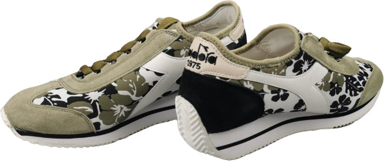 Sneaker donna Diadora Heritage Equipe HH Socks Flower in bianco, verde e nero, con dettagli floreali e suola bianca.