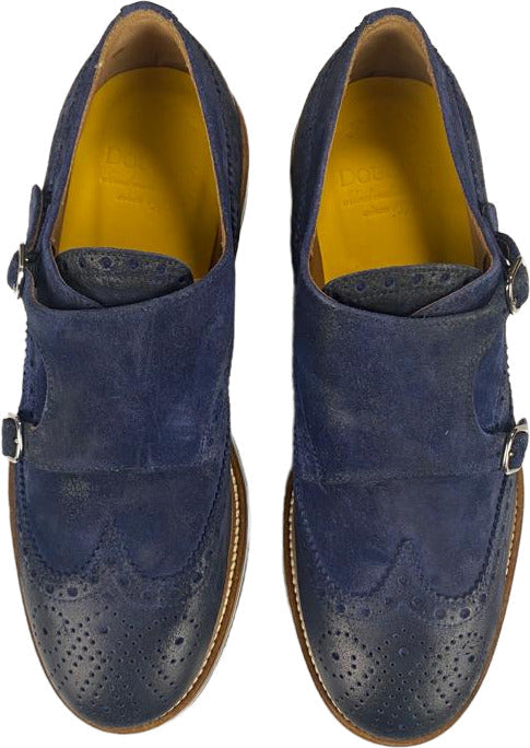 Scarpa uomo Doucal's loafer doppia fibbia brogue in pelle scamosciata blu con fiore in punta, stile elegante e sofisticato