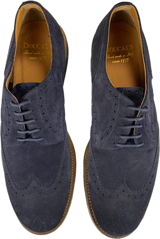Scarpa uomo Doucal's stringata in camoscio blu con fiore, scarpe basse eleganti per moda uomo.