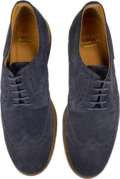 Scarpa uomo Doucal's stringata in camoscio blu con fiore, scarpe basse eleganti per moda uomo.