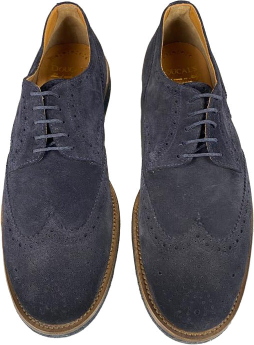 Scarpa uomo Doucal's stringata bassa in camoscio blu con fiore, stile moda uomo.