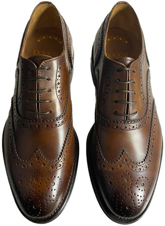 Scarpa uomo Doucal's Oxford in pelle marrone con fiore in punta, scarpe stringate basse eleganti e di alta qualità.