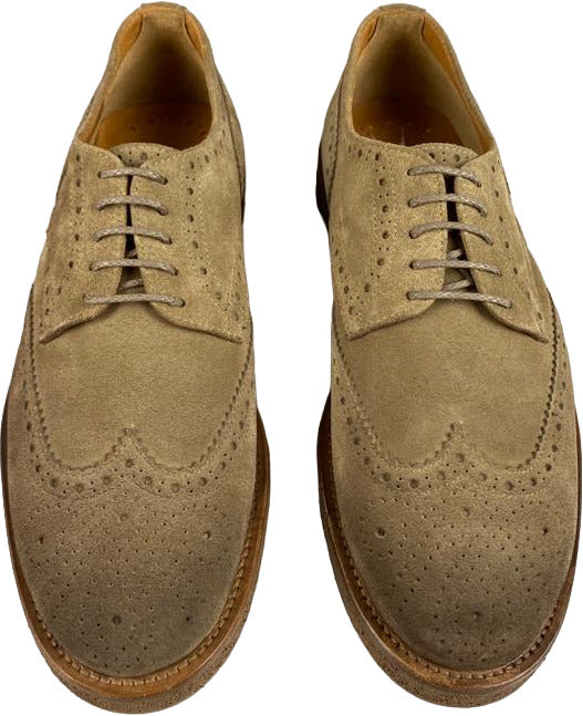 Scarpa uomo Doucal's Derby Stringate Brogue in camoscio color sabbia, con fiore e coda di rondine, scarpe stringate basse.