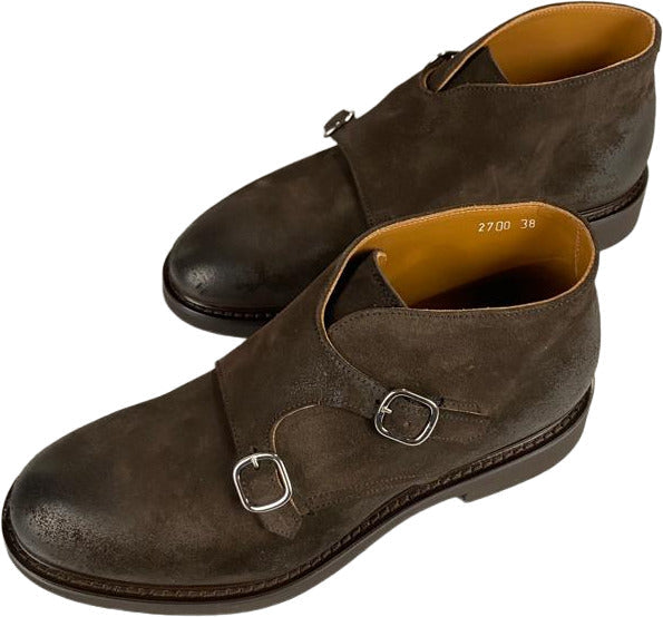Stivaletto uomo Doucal's in pelle scamosciata marrone con doppia fibbia, stile polacchino, moda uomo, scarpe stivali.
